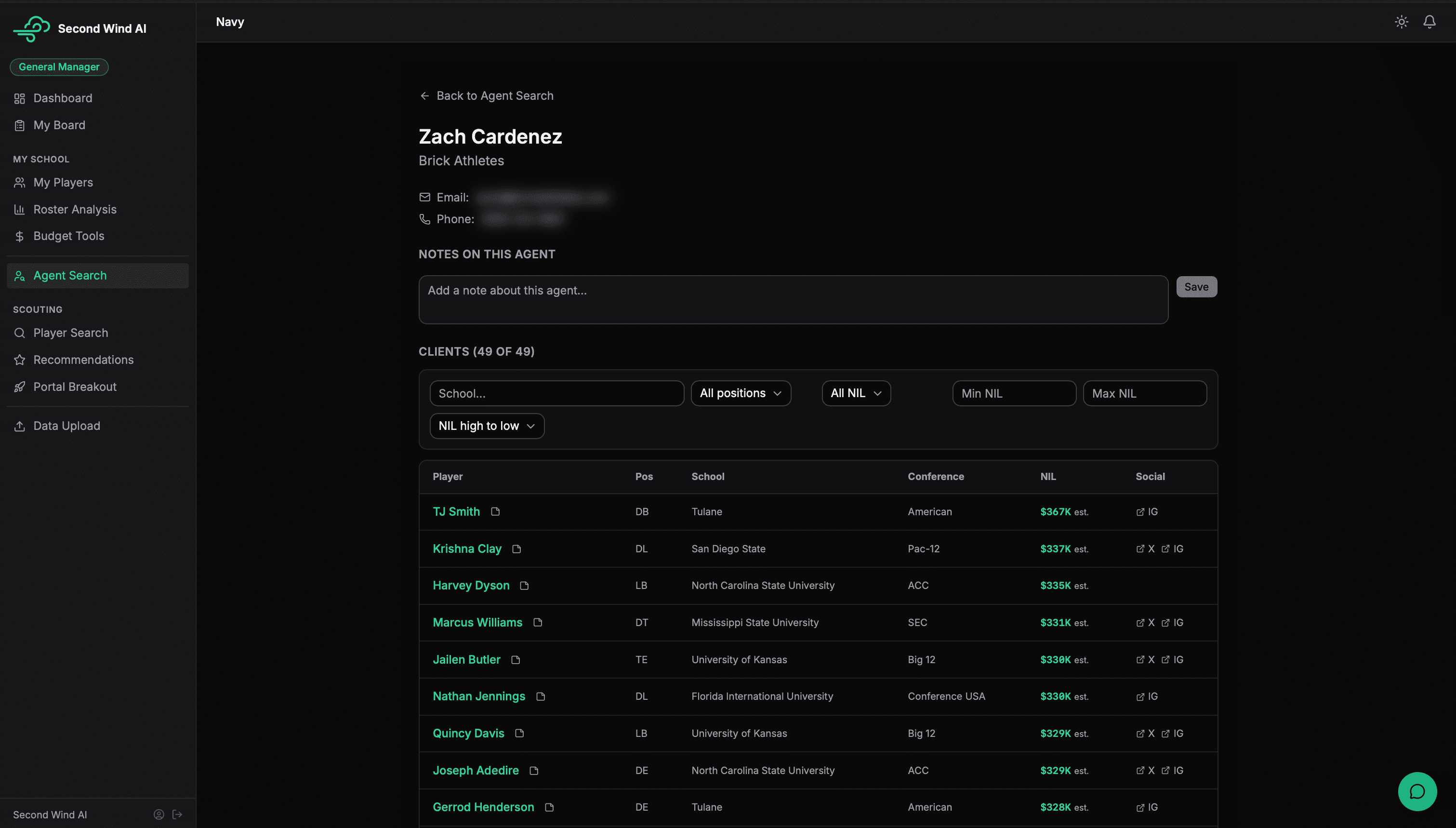 Second Wind AI agent lookup interface