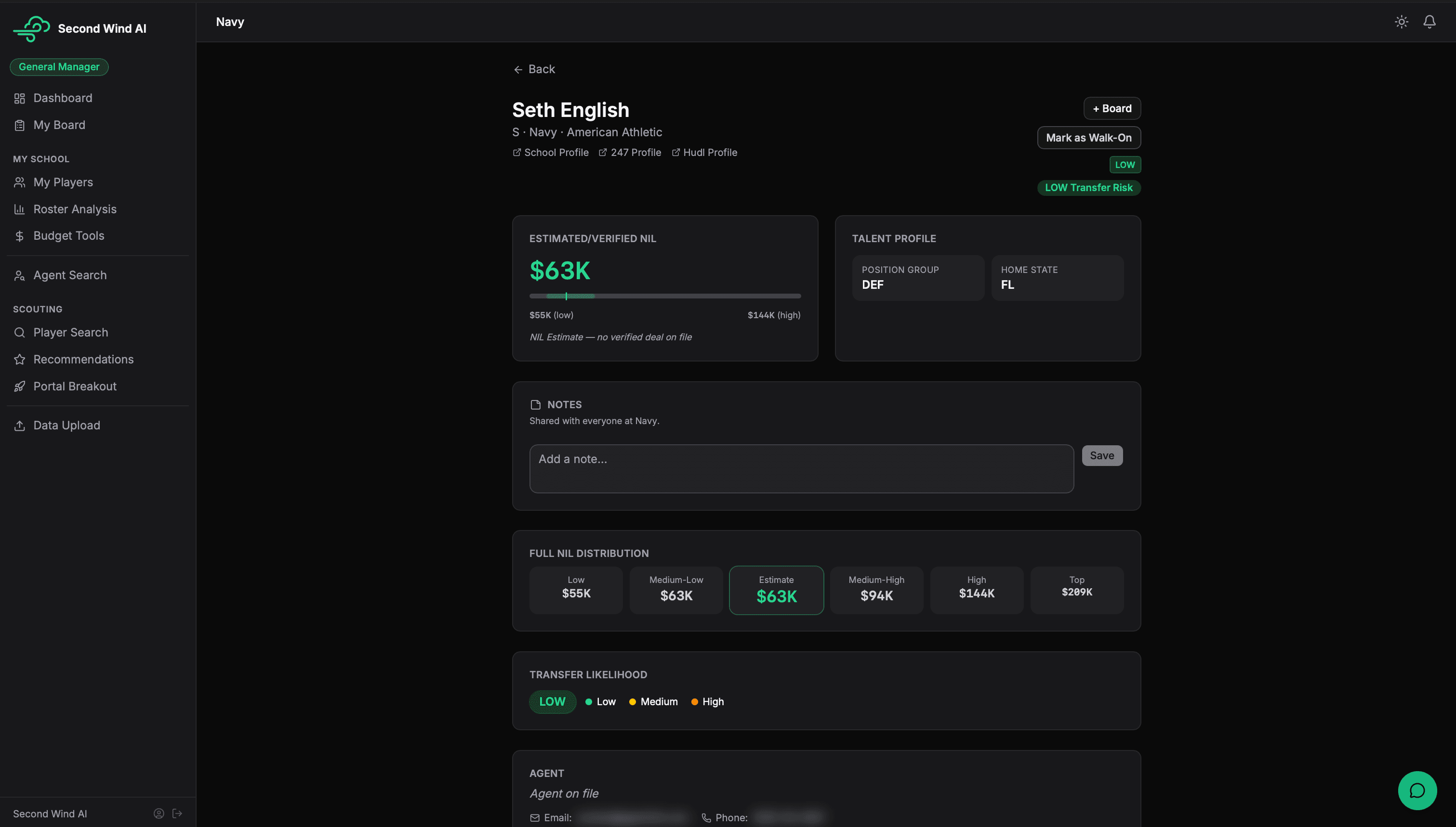 Second Wind AI player valuation profile